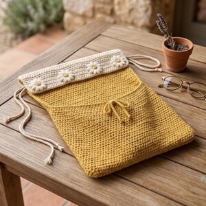 May include: A handmade yellow crochet bag with a cream-colored top adorned with daisy appliqués. The bag features a drawstring closure and a front pocket. The bag is approximately 12 inches wide and 10 inches tall.