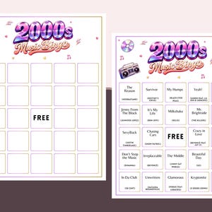 May include: Two 2000s Music Bingo game cards. The cards have a colorful design with the text "2000s Music Bingo" at the top. Each card has a grid of squares with song titles and artist names. One card has a "FREE" space.