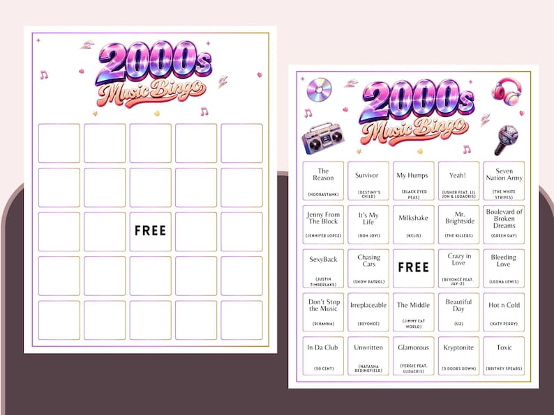 May include: Two 2000s Music Bingo game cards. The cards have a colorful design with the text "2000s Music Bingo" at the top. Each card has a grid of squares with song titles and artist names. One card has a "FREE" space.