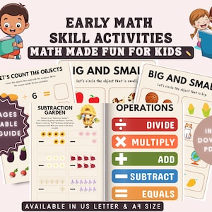 May include: A colourful educational printable for children with maths activities. The image features illustrations of children, fruit, and vegetables, along with maths symbols and text such as "Let's Count the Objects" and "Big and Small". Available in A4 size.