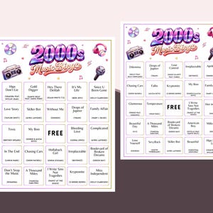 May include: Two 2000s Music Bingo game cards with colorful graphics. Each card features a grid of song titles and artist names, with the title "2000s Music Bingo" at the top. The cards include images of a boombox, headphones, and a microphone.