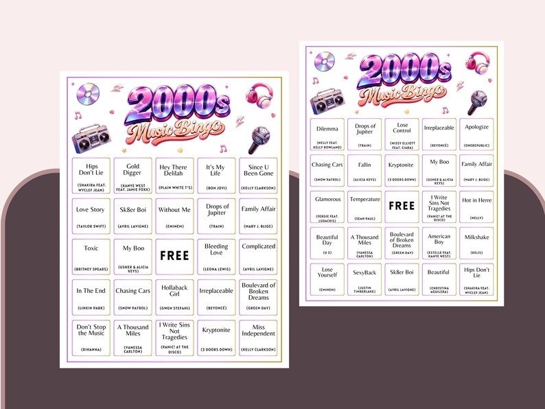 May include: Two 2000s Music Bingo game cards with colorful graphics. Each card features a grid of song titles and artist names, with the title "2000s Music Bingo" at the top. The cards include images of a boombox, headphones, and a microphone.