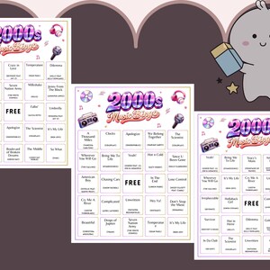 May include: Three colorful 2000s Music Bingo game cards with a retro boombox, headphones, and microphone graphics. Each card features a different arrangement of song titles, with the text "2000s Music Bingo" at the top.