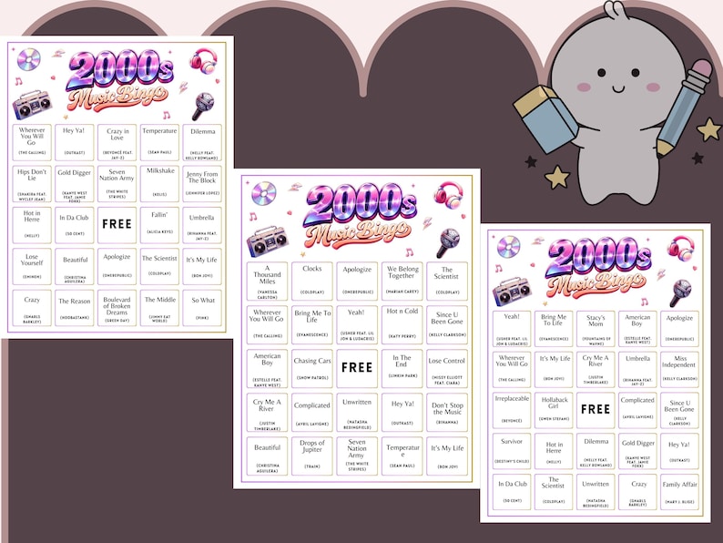 May include: Three colorful 2000s Music Bingo game cards with a retro boombox, headphones, and microphone graphics. Each card features a different arrangement of song titles, with the text "2000s Music Bingo" at the top.