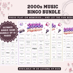 May include: A bundle of 2000s Music Bingo game cards with a retro design. The cards feature song titles and include the text "Press play on memories... and let the fun begin." The bundle includes 61 pages and is available in US Letter size.