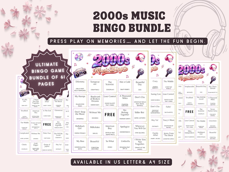May include: A bundle of 2000s Music Bingo game cards with a retro design. The cards feature song titles and include the text "Press play on memories... and let the fun begin." The bundle includes 61 pages and is available in US Letter size.