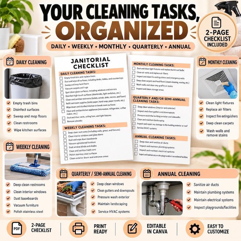 Cleaners Checklist Janitorial Checklist Printable PDF, Editable Canva Cleaning Checklist ...