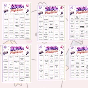 May include: Six bingo cards with a pink background. Each card has a colorful design with the text "2000s Music Bingo" at the top. The cards feature song titles and the word "FREE" in the center.
