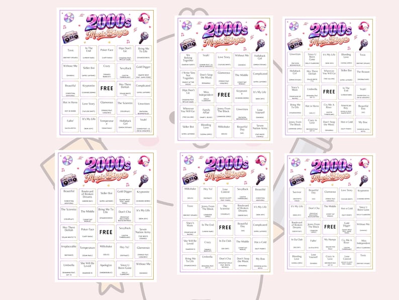 May include: Six bingo cards with a pink background. Each card has a colorful design with the text "2000s Music Bingo" at the top. The cards feature song titles and the word "FREE" in the center.