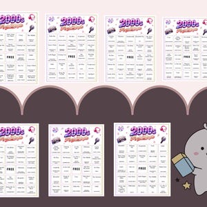 May include: Several bingo cards with a 2000s music theme are displayed. Each card features a grid of song titles and the text "2000s Music Bingo" at the top. The cards are decorated with retro music-themed graphics and a cartoon character.