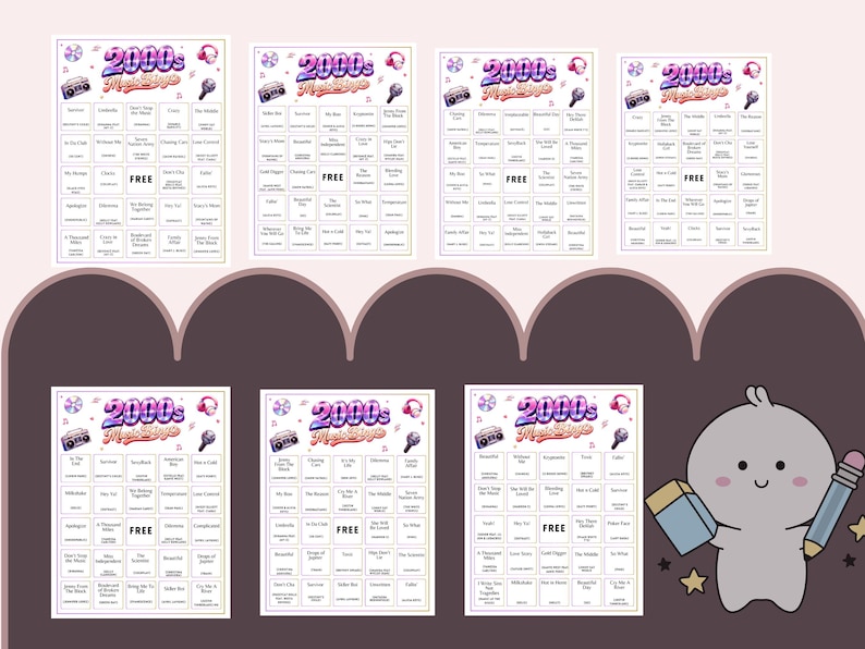May include: Several bingo cards with a 2000s music theme are displayed. Each card features a grid of song titles and the text "2000s Music Bingo" at the top. The cards are decorated with retro music-themed graphics and a cartoon character.