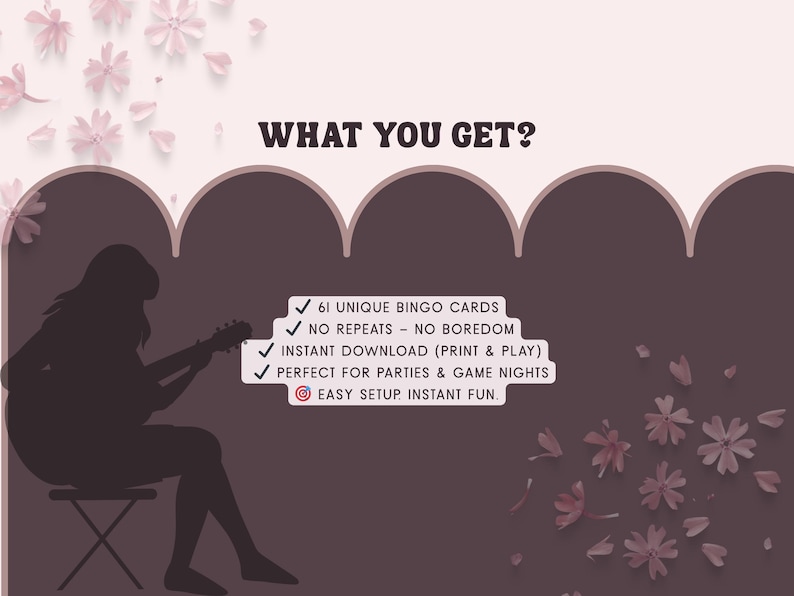 May include: A digital download graphic with the text "WHAT YOU GET?" and a silhouette of a person playing a guitar. The text includes "61 UNIQUE BINGO CARDS", "NO REPEATS - NO BOREDOM", and "INSTANT DOWNLOAD (PRINT & PLAY)".