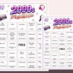 May include: Two bingo cards with a 2000s music theme. The larger card features a grid with song titles and artist names, including "Crazy in Love" and "Toxic." The design includes musical notes, a boombox, and headphones.