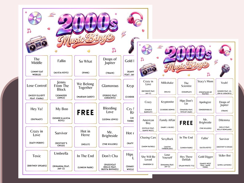 May include: Two bingo cards with a 2000s music theme. The larger card features a grid with song titles and artist names, including "Crazy in Love" and "Toxic." The design includes musical notes, a boombox, and headphones.