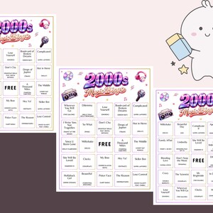 May include: Three colorful 2000s Music Bingo game cards with song titles and artist names. The cards feature a retro boombox, headphones, and microphone graphics. A cute cartoon character holds a pencil and notepad.