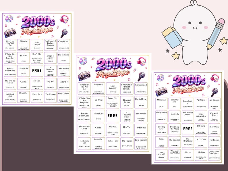 May include: Three colorful 2000s Music Bingo game cards with song titles and artist names. The cards feature a retro boombox, headphones, and microphone graphics. A cute cartoon character holds a pencil and notepad.