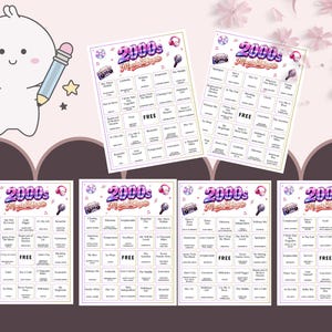 May include: Several bingo cards with a 2000s music theme, featuring a retro boombox and microphone graphic. The cards have a purple, pink, and blue color scheme. The word "FREE" is printed on some cards. A cartoon character with a pencil and eraser is in the upper left corner.
