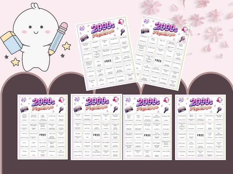 May include: Several bingo cards with a 2000s music theme, featuring a retro boombox and microphone graphic. The cards have a purple, pink, and blue color scheme. The word "FREE" is printed on some cards. A cartoon character with a pencil and eraser is in the upper left corner.