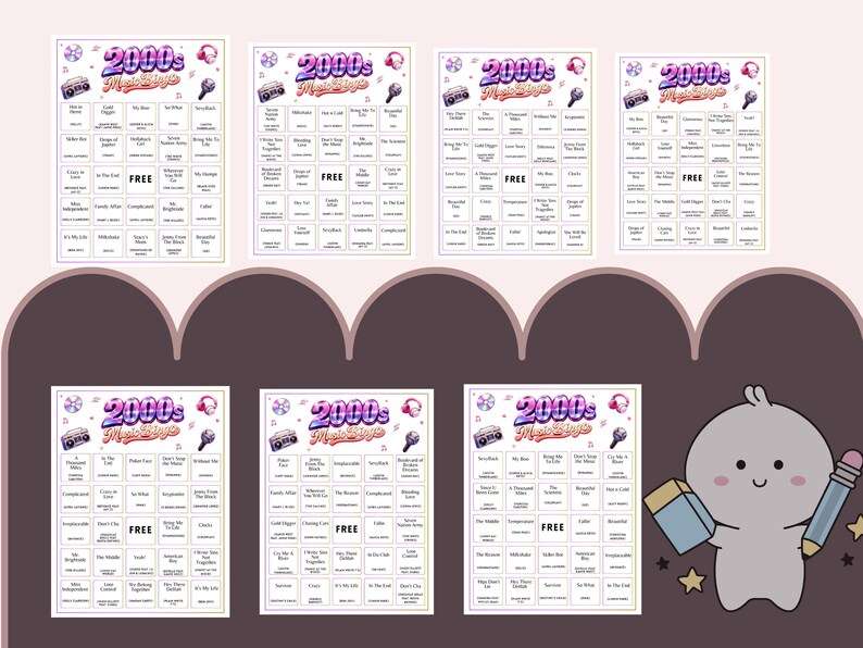 May include: A collection of printable bingo cards with a 2000s music theme. Each card features a grid of song titles and the words "2000s Music Bingo" at the top. A cartoon character with a pencil and notepad is in the bottom right corner.