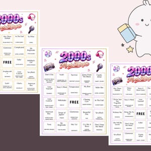 May include: Three colorful 2000s Music Bingo game sheets with a retro boombox, headphones, and microphone graphic. The bingo cards feature song titles and the text "FREE". A cute cartoon character holds a pencil and notepad.