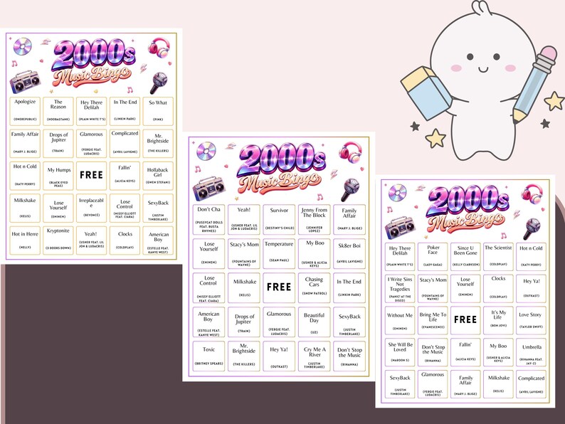 May include: Three colorful 2000s Music Bingo game sheets with a retro boombox, headphones, and microphone graphic. The bingo cards feature song titles and the text "FREE". A cute cartoon character holds a pencil and notepad.