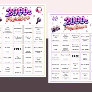May include: Two colorful 2000s Music Bingo game cards with song titles and artists. The cards feature a retro design with musical notes, a boombox, and headphones. The word "FREE" is prominently displayed on each card.