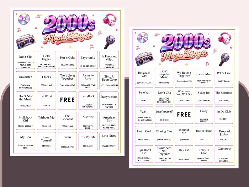 May include: Two colorful 2000s Music Bingo game cards with song titles and artists. The cards feature a retro design with musical notes, a boombox, and headphones. The word "FREE" is prominently displayed on each card.