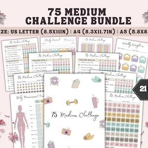 Op de afbeelding: Een bundel afdrukbare fitnessplanners met de tekst "75 Medium Challenge Bundle". De pagina's bevatten dagelijkse gewoonte-trackers, wekelijkse weeglijsten en lichaamsmeting-trackers. De formaten zijn US Letter, A4 en A5.