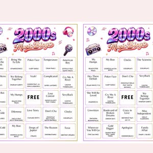 May include: Two 2000s Music Bingo game sheets with song titles and artists. The design includes a pink background, a disco ball, headphones, and a boombox. The title "2000s Music Bingo" is in a colorful, stylized font.