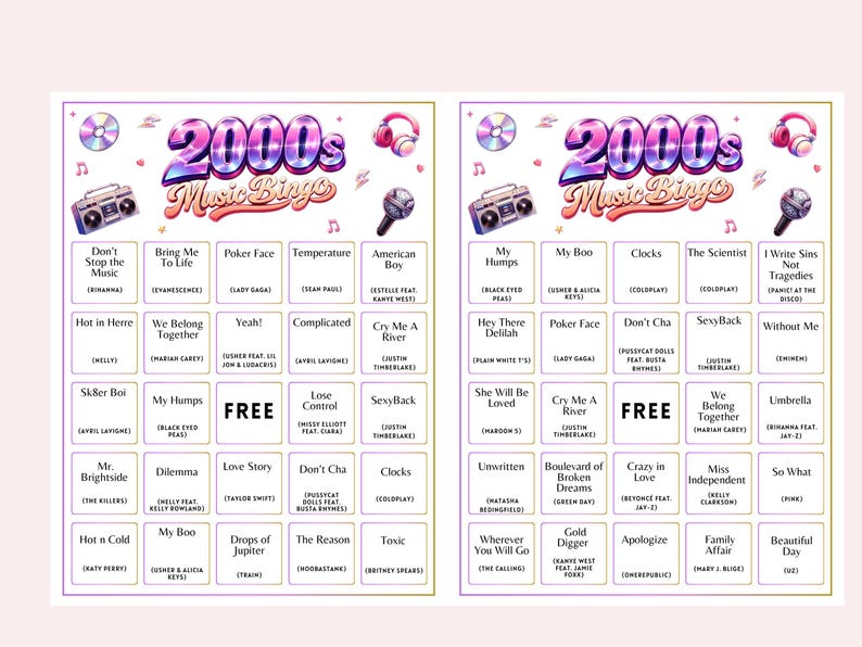 May include: Two 2000s Music Bingo game sheets with song titles and artists. The design includes a pink background, a disco ball, headphones, and a boombox. The title "2000s Music Bingo" is in a colorful, stylized font.