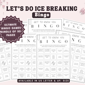 May include: A bundle of printable bingo games with the text "Let's Do Ice Breaking Bingo." The design includes multiple pages with bingo cards, featuring phrases like "Can cook a signature dish" and "Has a dog."