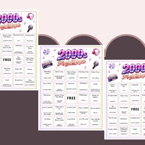 May include: Three colorful 2000s Music Bingo game sheets. Each sheet features a grid of song titles, a retro boombox, headphones, and a microphone. The text "2000s Music Bingo" is prominently displayed at the top.