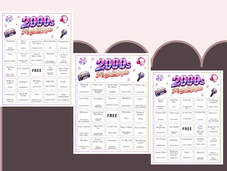 May include: Three colorful 2000s Music Bingo game sheets. Each sheet features a grid of song titles, a retro boombox, headphones, and a microphone. The text "2000s Music Bingo" is prominently displayed at the top.