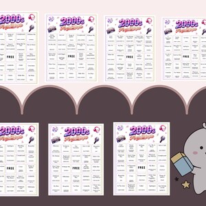 May include: A collection of bingo cards with a 2000s music theme. Each card features a grid of song titles and decorative elements like a boombox, musical notes, and a microphone. The cards are arranged on a light pink and brown background.
