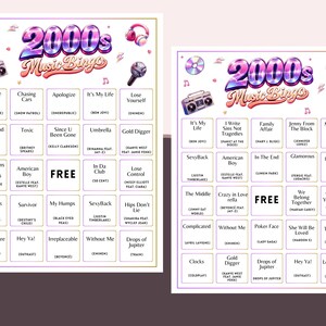 May include: Two 2000s Music Bingo game cards with a colorful design. Each card features a grid of song titles and artist names, with the title "2000s Music Bingo" at the top. The cards include images of a boombox, headphones, and a microphone.
