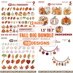 Peut inclure: Un ensemble de motifs de broderie numérique comprenant 118 designs sur le thème de l'automne, incluant des feuilles, des citrouilles, des champignons et des breloques. Les tailles varient de 3,8 à 17,8 cm avec des formats DST, EXP, HUS et PES.