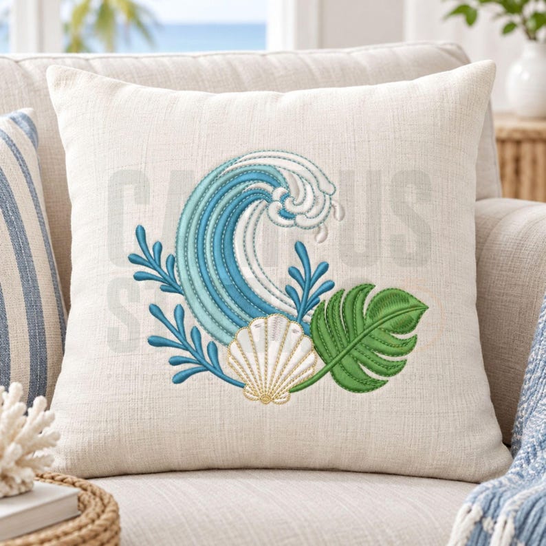 Coastal Machine Embroidery Design, Ocean Wave, Seashell, Tropical Leaf ...