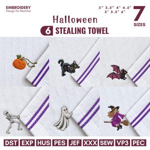 Puede incluir: Un archivo de diseño de bordado digital para máquina de coser con seis motivos de Halloween: calabaza, gato negro, murciélago, esqueleto, fantasma y bruja en escoba. El texto dice Halloween 6 STEALING TOWEL, 7 SIZES, y formatos DST, EXP, HUS, PES, JEF, XXX, SEW, VP3, PEC.