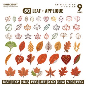 Könnte beinhalten: Eine digitale Sammlung von 50 Blatt- und Applikations-Stickmustern für Maschinen, mit verschiedenen Blattformen in Umriss- und Füllstilen. Der Text enthält "50 LEAF + APPLIQUE", "9 SIZES" und Dateiformate: DST, EXP, HUS, PES, JEF, XXX, SEW, VP3, PEC.