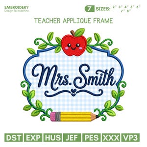 May include: An embroidery machine design featuring a blue-bordered frame with a light blue gingham pattern. The text reads Mrs. Smith in dark blue script. It includes a red apple with a face, green leaves, and a yellow pencil at the bottom.