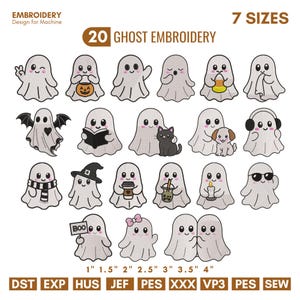 Op de afbeelding: Een digitale collectie van 20 spook-borduurontwerpen voor machines, met diverse figuren en accessoires zoals pompoenen, boeken, katten en koffie. De tekst vermeldt 20 GHOST EMBROIDERY, 7 SIZES, en maten van 2,5 cm tot 10 cm.