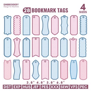 以下が含まれることがあります： 3.8、4.8、5.8、6.8インチの4サイズ展開のブックマークタグ用刺繍ミシンデータ28種。タグはスカラップ、丸型、尖ったエッジなど様々な形状で、青とピンクの輪郭線とチェック柄の塗りつぶしパターンが特徴です。
