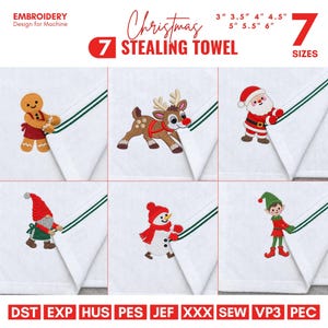 Op de afbeelding: Een digitaal borduurontwerp genaamd Christmas Stealing Towel met zes witte handdoeken met groen gestreepte randen. Elke handdoek toont een machinaal geborduurd figuur: een peperkoekmannetje, rendier, kerstman, kabouter, sneeuwman en elf.