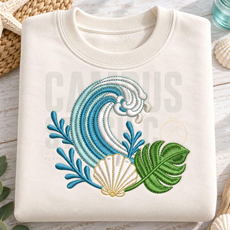 Coastal Machine Embroidery Design, Ocean Wave, Seashell, Tropical Leaf ...