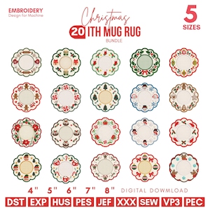 May include: A digital embroidery design bundle featuring 20 circular Christmas-themed mug rug patterns with scalloped edges. Each design includes festive motifs like ornaments, gingerbread, and holly. Text includes 20 ITH MUG RUG, 5 SIZES, and file formats like DST, EXP, HUS, PES, JEF, XXX, SEW, VP3, PEC.