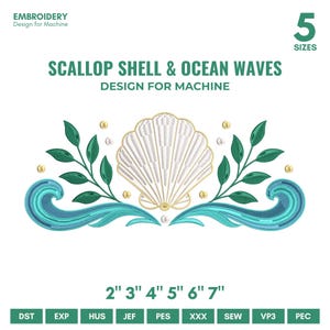 Scallop Shell and Ocean Waves Embroidery Design, Coastal Nautical (Digital Download)