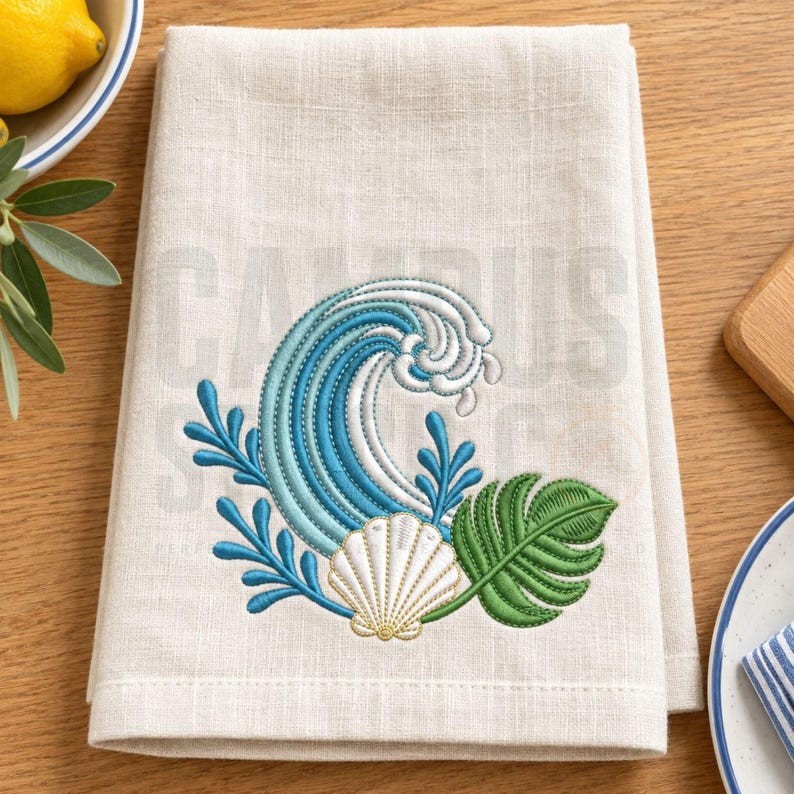 Coastal Machine Embroidery Design, Ocean Wave, Seashell, Tropical Leaf ...