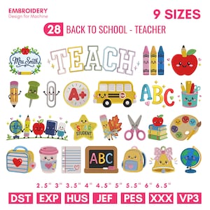 Back to School Embroidery Designs Bundle, 28 Teacher Machine Files, Applique, Apple Pencil Crayon ABC Bus Student Gift, 9 Sizes DST PES
