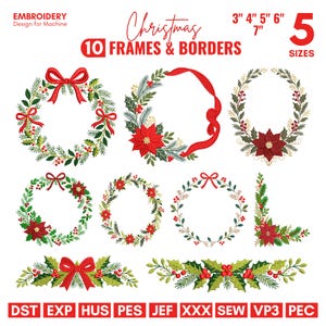 Op de afbeelding: Een digitaal borduurontwerp met 10 kerstframes en randen met kransen, kerststerren, hulst en rode strikken. Tekst: "EMBROIDERY Design for Machine", "Christmas 10 FRAMES & BORDERS", "3" 4" 5" 6" 7" 5 SIZES" en bestandsformaten DST, EXP, HUS, PES, JEF, XXX, SEW, VP3, PEC.