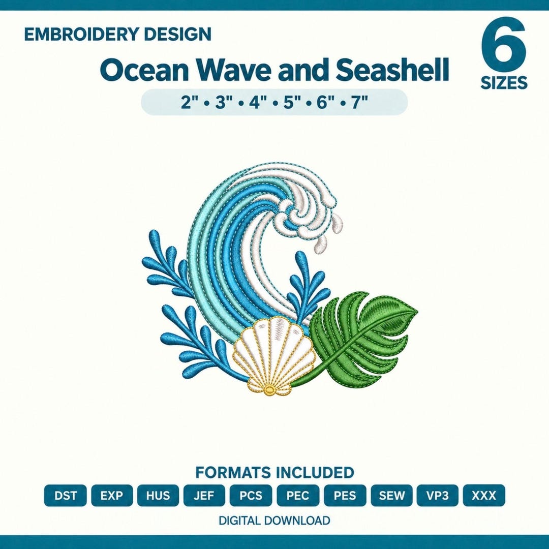 Coastal Machine Embroidery Design, Ocean Wave, Seashell, Tropical Leaf ...